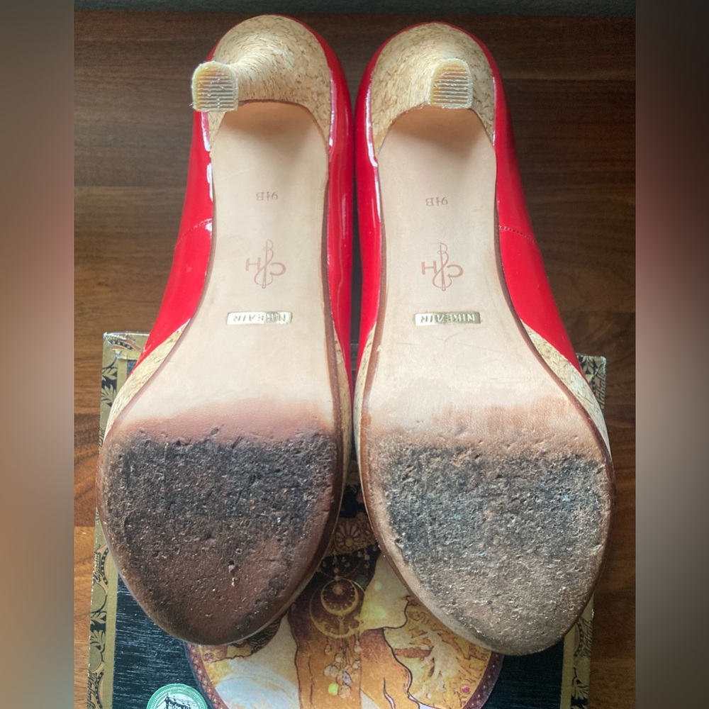 cole haan Heels 9.5 air Mariela Platform Leather Red Peep Toe Cork Nike Air sole - Picture 6 of 8